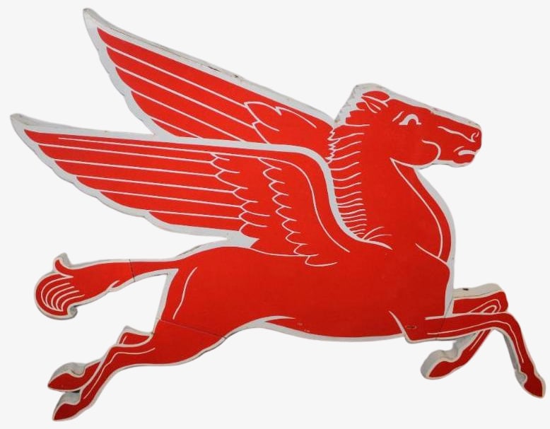 Mobil Pegasus Right Facing SSP Porcelain Cookie Cutter Sign: This sign has excellent color and gloss throughout. There are a couple of very minor color matched areas in the field, as well as a few along the perimeter. Overall it displays excellent. The Mobil co
