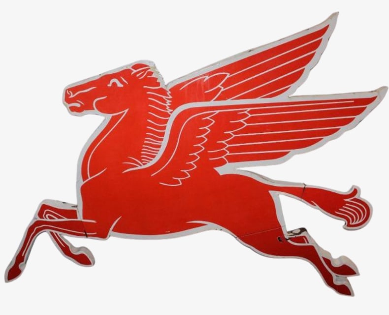 Mobil Pegasus Left Facing SSP Porcelain Cookie Cutter Sign: This sign has excellent color and gloss throughout. There are a couple of very minor color matched areas in the field, as well as a few along the perimeter. Overall it displays excellent. The Mobil co