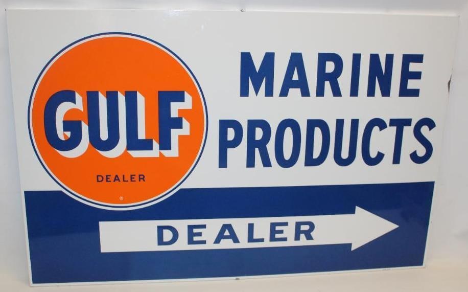 Excellent Gulf Marine Products Gas Station SSP Porcelain Sign: This difficult to find Gulf Marine Products porcelain sign is in excellent overall condition. It has amazing color and gloss throughout and an extremely clean field. There is one edge chip near the to