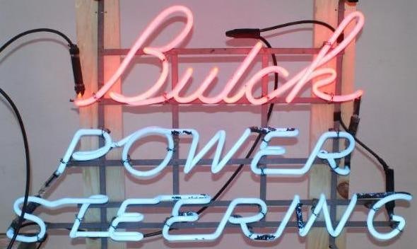 Buick Power Steering Dealership Pink and Blue Neon Light Up Sign: This neon is in good working condition. The new wood crate measures 49.5" x 12" x 13". The neon itself measures 35" x 22".