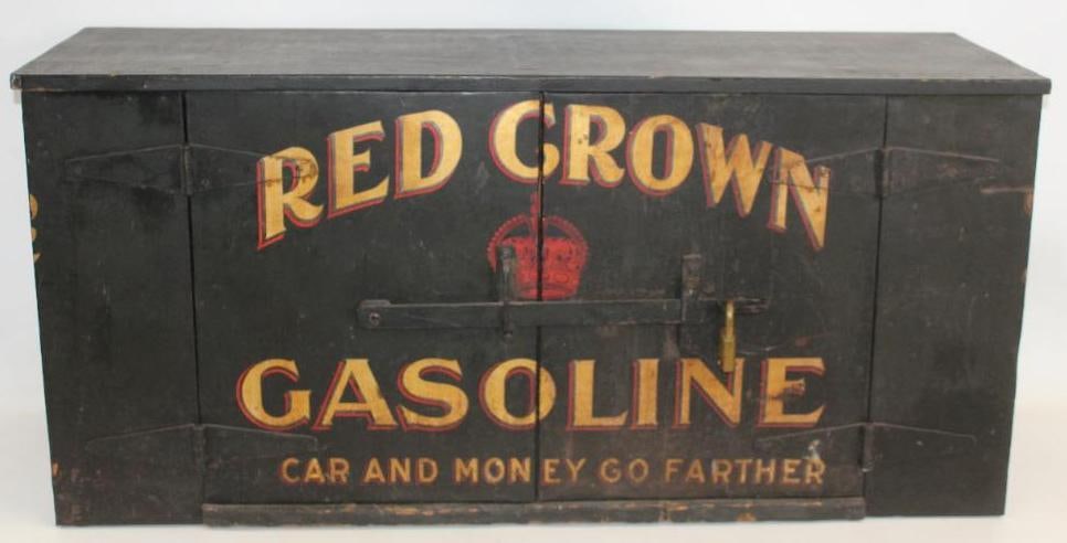Museum Quality Red Crown Gasoline Polarine Motor Oil Delivery Truck Box: It would be very difficult to find a better example of an early fuel delivery wagon or truck trunk. It is a wooden box with painted tin side panels. It shows excellent early Red Crown and Polarine let