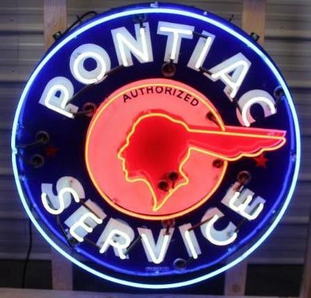 Pontiac Authorized Service Full Feather Porcelain Neon Dealership Advertising Sign: This sign shows excellent color and gloss throughout with some minor surface scratches. There is some color match along the perimeter, and smaller areas of color match in the field. This sign displays