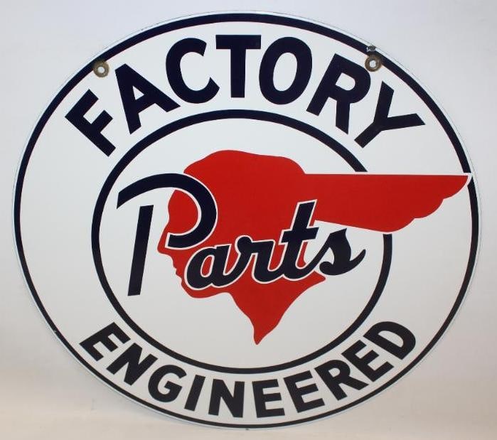 Fantastic Pontiac Factory Engineered Parts DSP Porcelain Advertising Sign: This sign has great color and gloss throughout and is in excellent overall condition. It shows some very minor chipping along the perimeter. This sign measures 24" diameter. It is graded a 9.25 on eac