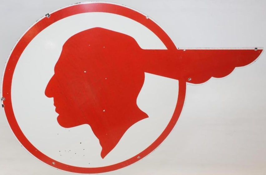 Pontiac Indian Head Die Cut Dealership SSP Porcelain Advertising Sign: This sign has great color and gloss in the white areas. The red areas have slight staining. There are several tiny chips in the outer field along with a few at the Indian chief. A couple of the mounti