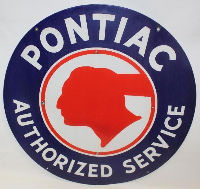 Pontiac Dealership Authorized Service SSP Porcelain Advertising Sign: The field of this sign is clean overall. It does show outer and inner mounting holes which are factory produced. There are small areas of color match touch up near the outer mounting holes with some s