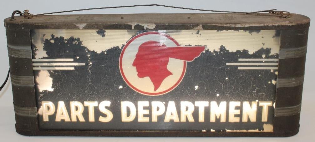 Pontiac Parts Department Light Up Dealership Advertising Sign: This sign has its original glass and metal can. The can retains its original paint. The light up glass shows some paint flaking along the top edge as well as on the lettering. It does light up. This s