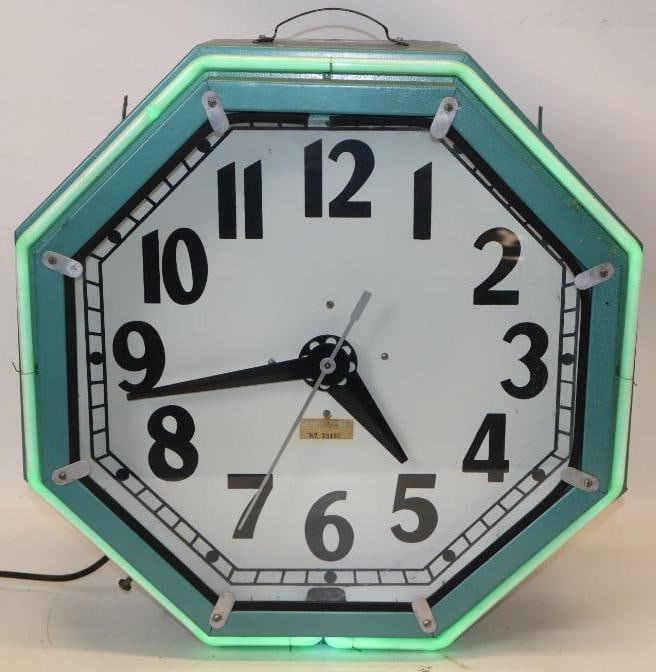 Electric Neon Clock Co. Art Deco Octagon Green Double Neon Clock (1 of 10)