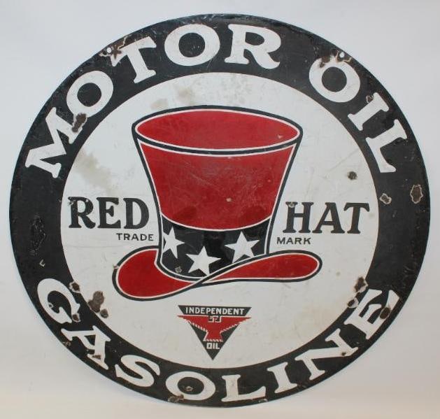 Iconic Independent Red Hat Motor Oil and Gasoline DSP Porcelain Advertising Sign (1 of 12)