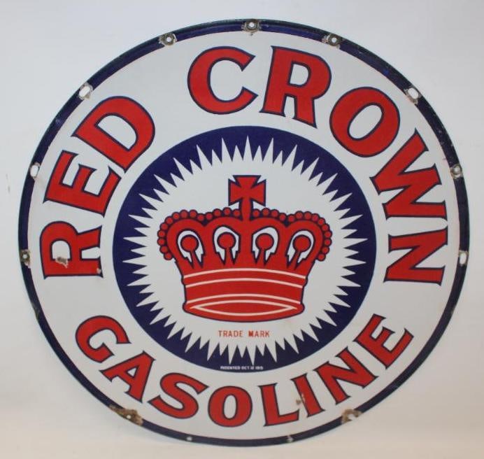 1915 Red Crown Gasoline 30" DSP Porcelain Advertising Sign: This is a great early Red Crown 30" sign. It displays very well with just light surface scratching to the field. There are also a few small chips in the outer field and near the mouting holes. The rev