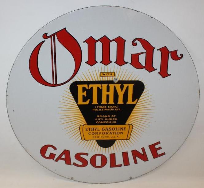 Omar Gasoline with Ethyl 30" DSP Porcelain Advertising Sign: Both sides of this 30" sign show excellent color and gloss throughout. There are a couple small chips to each side of the field with some minor edge wear. It displays beautifully overall. This sign me
