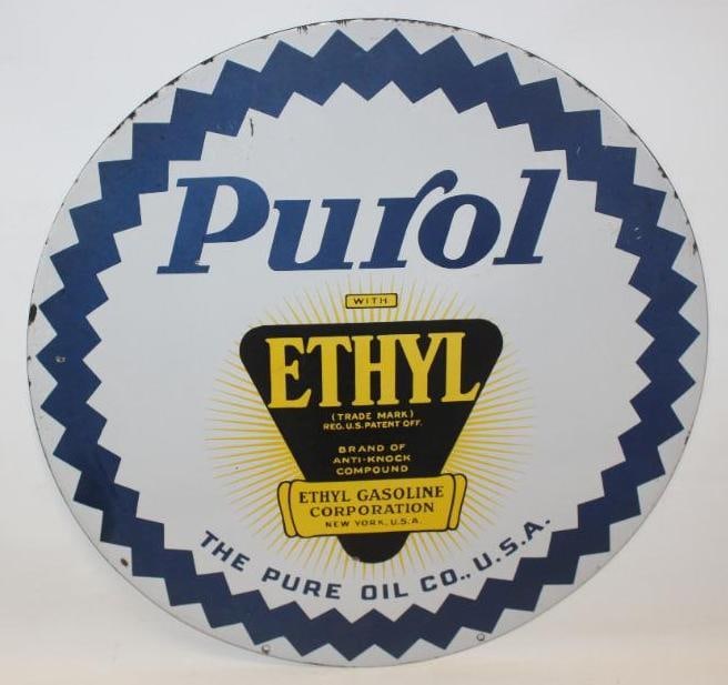 Pure Oil Company Purol with Ethyl 30" DSP Porcelain Advertising Sign: Both sides of this sign display very well with only some minor fading in the outer blue area.The display side has a few very tiny chips, as well as some slight crazing in the outer field. The reverse 