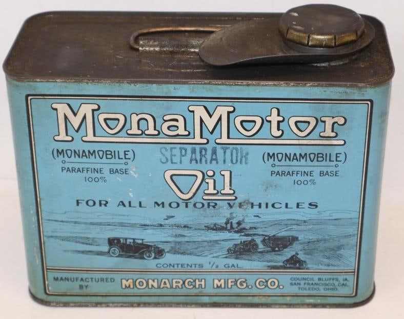 Graphic MonaMotor Oil Half Gallon Can: This great can shows detailed graphics of an automobile, motorcycle, and farming scene. It is in very nice overall condition with just some minor staining and wear. This can measures 7.5" x 5.5" x 3.5