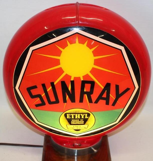 Complete Sunray Ethyl 13.5" Gas Pump Globe on Capco Body: The display lens is in excellent overall condition. The reverse has one small paint flake near the bottom edge. Overall this globe displays great. The overall measurments are 16" x 15.5" x 7".