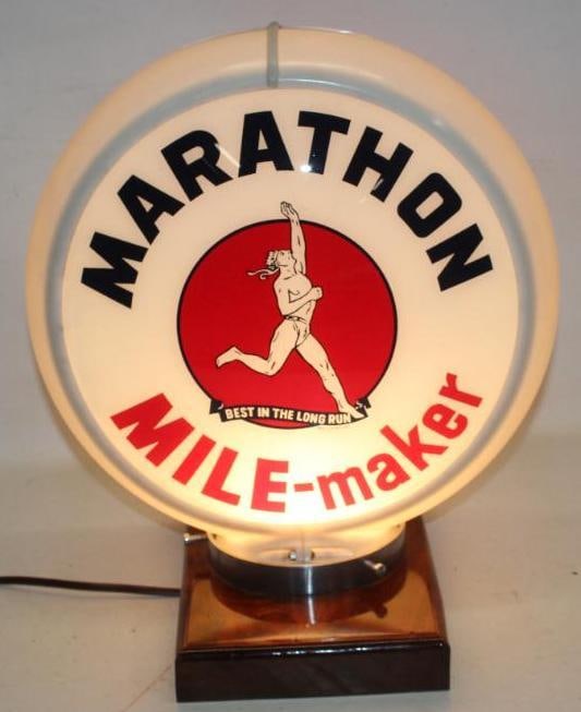 Complete 13.5" Marathon Mile Maker Gas Pump Globe on Capco Body: Both lenses are in very good condition. The lenses measures 13.5" Diameter. The overall measurments are 16.5" x 16" x 7".
