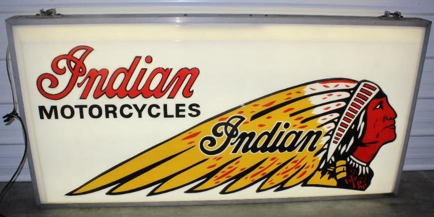 Impressive Indian Motorcycles Double Sided Plastic Embossed Dealership Sign: This is two raised edge plastic signs on the original can marked Dualite of Williamsburg Ohio. This is an extremely difficult to find dealerhsip sign and it is in excellent condition on both sides. Th
