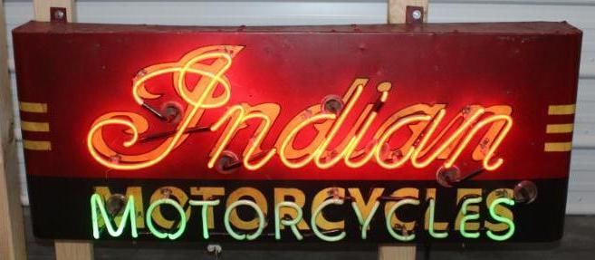 Indian Motorcycles Dealership SST Neon Advertising Sign: This Indian Motorcycle dealership sign has an incredible patina look. It has some slight discoloration and fading that is consistent throughout. The sign and can are made from galvanized metal. This n