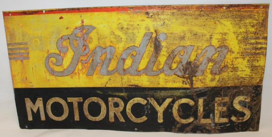 Rare Indian Motorcyles DST Advertising Sign: This is a very tough to find Indian Motorcycles sign with only a few known surviving examples. This sign does show remants of a BSA overpaint that has been mostly removed to show the original Indian s