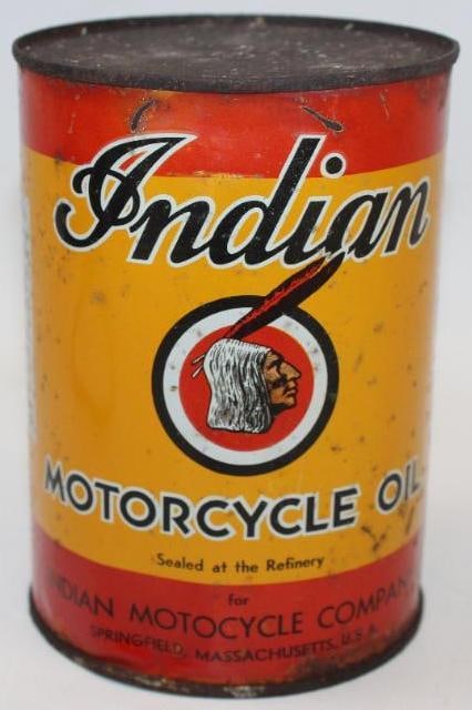 Early Indian Motorcycle Metal One Quart Oil Can: This is the early version with detailed graphics. This can remains full. The field shows some rust spots throughout as well as staining along the top and bottom edge. There are also a couple of small 