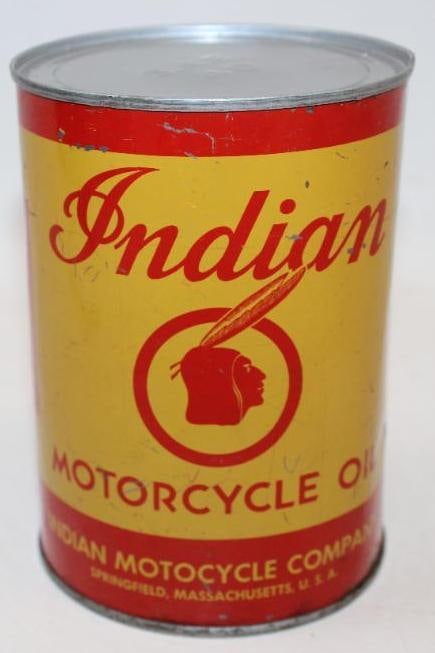 Indian Motorcycle Metal One Quart Oil Can: This can shows good color throughout with light surface wear and scratches to the field. There are two small holes in the bottom lid, the top lid appears to have been replaced. It measures 5.5" x 4" x