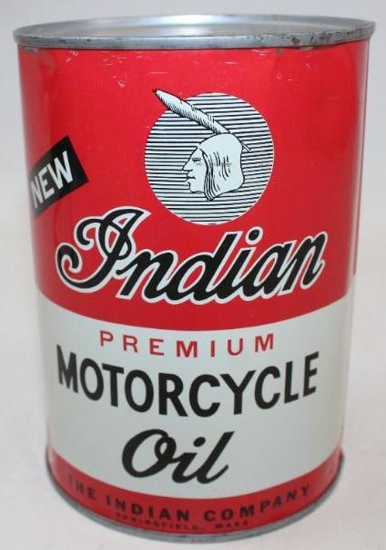 New Indian Premium Motorcycle Oil Metal One Quart Oil Can: This can shows excellent color and gloss throughout with only some minor dings and wear near the top and bottom lids. It measures 5.5" x 4" x 4" and is graded 8.75.