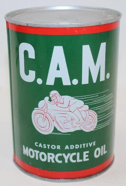 C.A.M. Indian Motorcycle Metal One Quart Oil Can: The display side is in excellent condition with only minor wear. The reverse is also very nice but has one small ding near the top lid. It has been drained by two small holes in the top lid. It measur