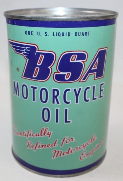 BSA Motorcycle Metal One Quart Oil Can: This can is in excellent overall condition and remains full. There is only very minimal wear shown. It measures 5.5" x 4" x 4" and is graded 9+.