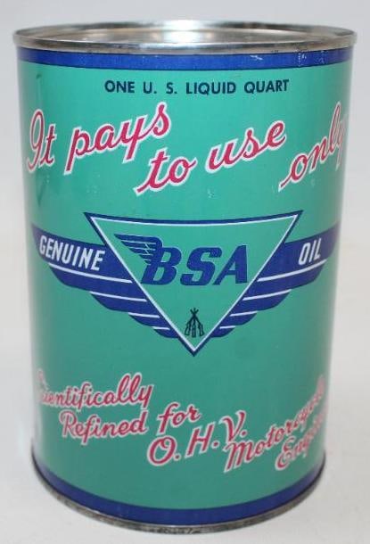 BSA Genuine Motorcycle Metal One Quart Oil Can: This can is in excellent overall condition and remains full. There is only very minimal wear shown. It measures 5.5" x 4" x 4" and is Graded 9+.