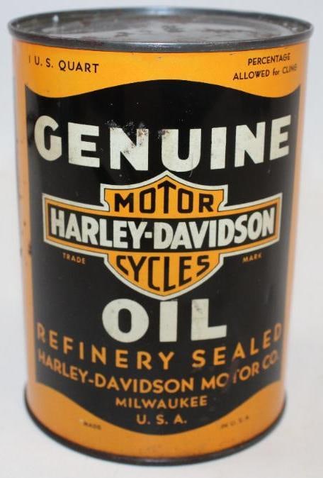 Genuine Harley Davidson Motorcycle Metal One Quart Oil Can: This can remains full and unopened. It has great color and gloss throughout but does have minor rust spots to the field. It measures 5.5" x 4" x 4" and is graded 8.