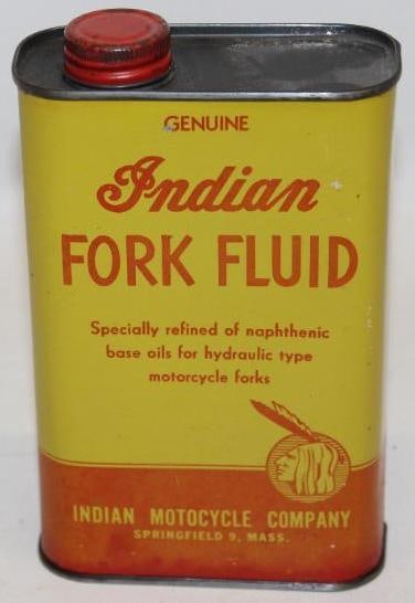 Indian Motorcycles Fork Fluid One Pint Oil Can: This can shows some slight fading to the red areas but displays very well overall. This can measures 4" x 2" x 6.25". It is graded an 8.5.