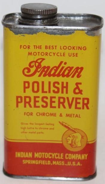 Indian Motorcycles Polish and Preserver Half Pint Can: This can has good color and gloss throughout. It does have some minor paint loss along the top edge. This can is full. This can measures 3" x 1.25" x 5.25". It is graded an 8.5.
