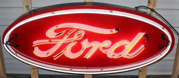 Ford Tractor Dealership Neon Advertising Sign: This sign has great color and gloss throughout with only some minor edge chipping other small chips at the neon standoff holes. It is a ssp porcelain sign on a newer can. This neon is in good working 
