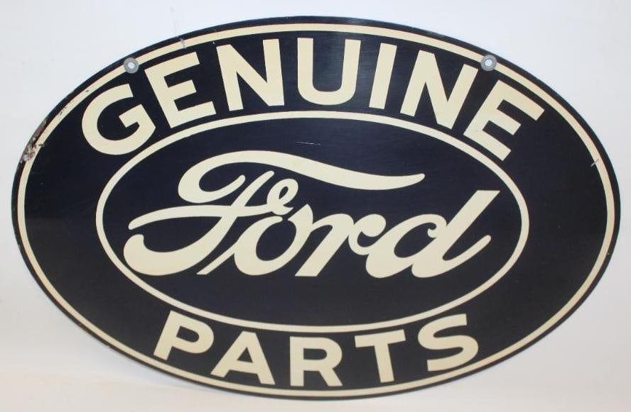 Genuine Ford Parts DST Advertising Dealership Sign: The display side of this sign appears very nice, but does show fine scratching throughout the field. There is also some rust staining along the left perimeter. The reverse side also shows fine scratch