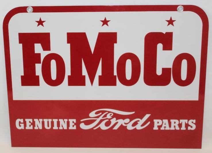 FoMoCo Genuine Ford Parts DST Advertising Dealership Sign: This sign is in excellent overall condition with incredible gloss throuhgout. There is a small factory blemish on the reverse side. This sign measures 18" x 13.5". It is graded a 9.5 on the display si
