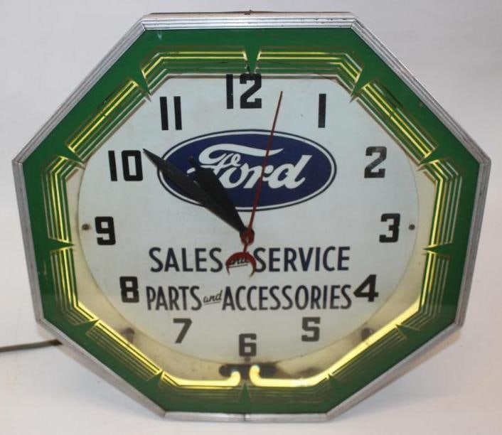 Ford Sales and Service Neon Dealership Advertising Clock: This is an original Neon Products Inc. dealership clock. The original painted face displays great with only some minor staining. The outer glass is also very nice with only small amounts of paint loss