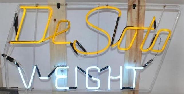 DeSoto V-Eight Dealership Yellow and Blue Neon Light Up Sign (1 of 11)