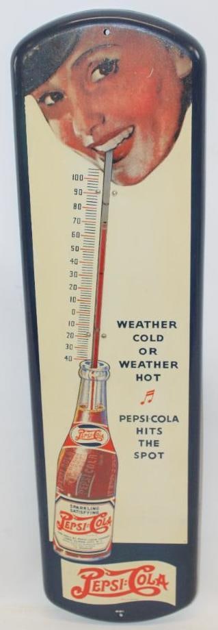 Exceptional Pepsi-Cola Woman with Bottle and Straw Graphic Advertising Thermometer: This very difficult to find thermometer is in excellent overall condition with only some minor wear. It would be extremely difficult to find a nicer example. This thermomter measures 27" x 7" and is g