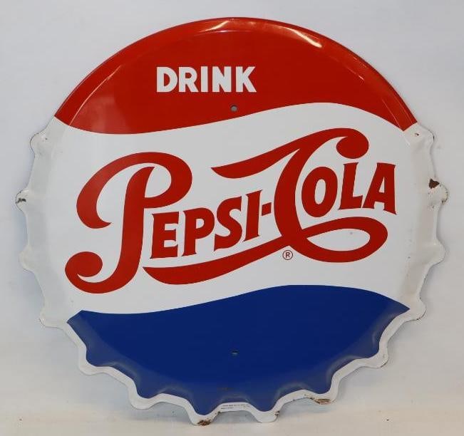Embossed Drink Pepsi-Cola Advertising Button Sign: This sign is marked Stout Sign Co. The field is in very good condition with only minor wear. There are some surface scratches along the outer edge, as well as some minor paint loss and rust staining. 
