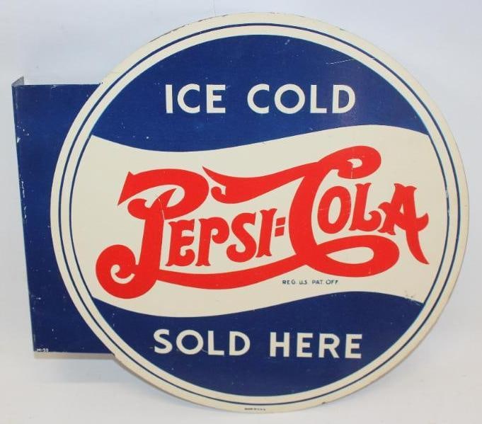 Ice Cold Pepsi-Cola Double Dot Sold Here Advertising DST Flange Sign: This is an excellent early Pepsi-Cola flange sign with only minor surface wear and light scratches to both sides. There are some minor paper markings visible at an angle which would indicate this sign