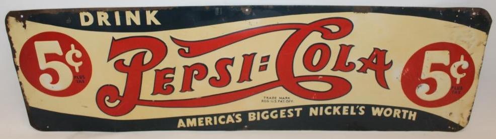 Drink Pepsi-Cola Double Dot Embossed SST Advertising Sign with 5? Pricer: This signs field shows some discoloration to the white areas, as well as light surface scratches. There is some rust staining along the outer perimeter. This sign is marked 40-7. This sign measures 40
