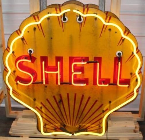 Historic Shell Gas Station Double Sided Porcelain Neon Advertising Sign: This may be the only surviving example of the double sided Shell neon signs produced by Duranso Son Co. in Winson-Salem, NC. These were professionally made by using original double sided Shell porcela