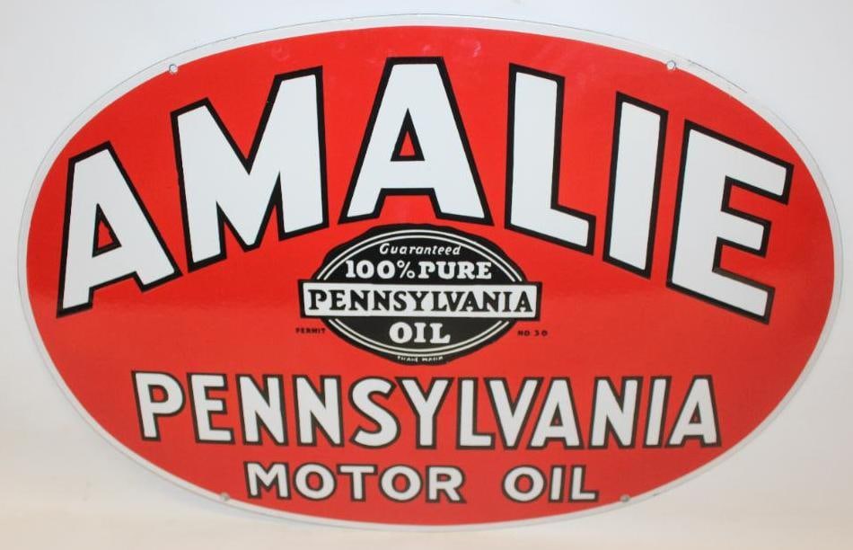 Exceptional Amalie 100% Pure Pennsylvania Motor Oil DSP Porcelain Advertising Sign: This sign has amazing color and gloss on both sides and is in near perfect condition. It would be impossible to upgrade. This sign is marked RA-102-7-32. This sign measures 30" x 20.25" and is graded 
