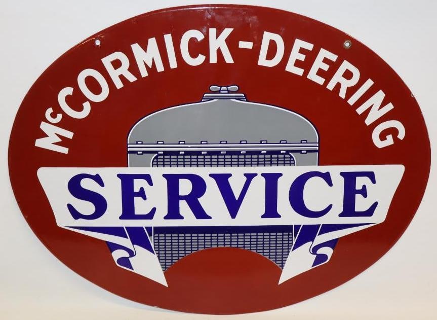 Excellent McCormick Deering Tractor Service DSP Porcelain Dealership Sign: This sign is in amazing overall condition with great color and gloss throughout, no chips to the field. Does have a few areas of light edge wear and a few scuffs. This sign measures 32" x 24". It is g