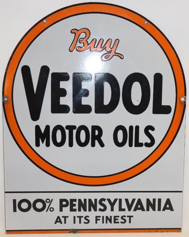 Buy Veedol Motor Oils DSP Porcelain Tombstone Sign: Both sides show excellent color and gloss throughout. Each side has one tiny chip on the field as well as one on the edge. This sign measures 28" x 22". It is graded a 8.9 on the display side and a 8.