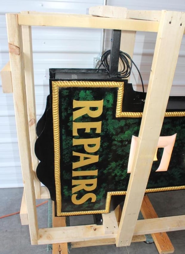 Impressive 1920's Garage Service and Repair Double Sided Light Up Vertical Milk Glass Sign - 9