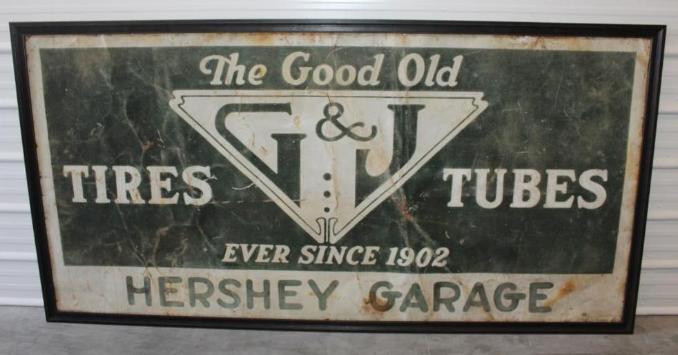 The Good Old G&J Hershey Garage Tires and Tubes Smaltz SST Sign in Wooden Frame: This is an excellent early smaltz sign. It shows a wonderful patina with some rust staining and fading throughout. It has a great look overall and is likely the only surviving example of its kind. The