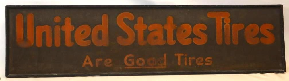 United States Tires are Good Tired SST Smaltz Advertising Sign in Wood Frame: This great early smaltz tire sign shows a great patina look. It has consistent wear which makes a it present very well. This sign measures 72" x 18". It is graded a 7.5.