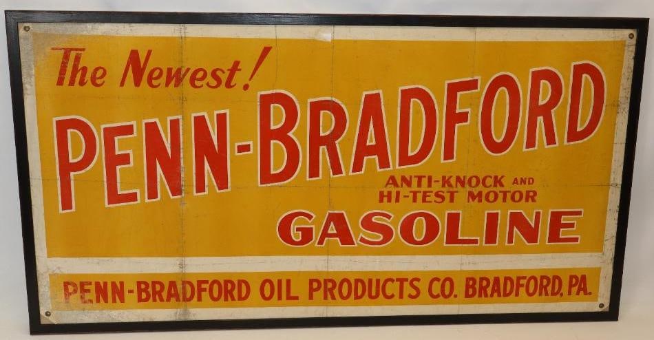 Penn-Bradford "The Newest!" Gasoline Framed Canvas Banner: This is a great early canvas banner advertising Penn-Bradford gasoline. It is displayed in a nice frame. It shows bright colors throughout. There are some light areas of wear, and creasing throughout 