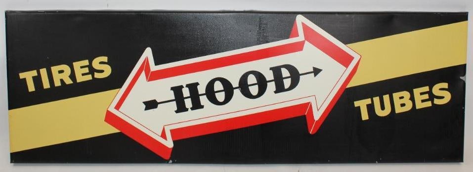 Hood Tires and Tubes SST Advertising Sign: This sign has good color and gloss. It shows some areas of paper marks to the field. There are also some areas of minor paint loss along the rolled edge. There is one small hole in the center of the f