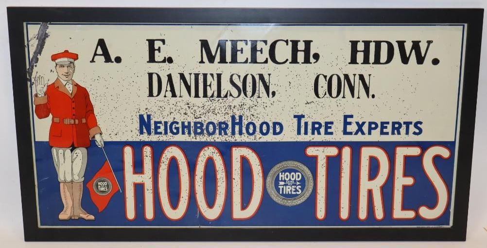 Desirable Hood Tires SST Dealership Sign with Frame: This desirable early graphic Hood Tires tin tacker sign retains vibrant colors throughout. It does have areas of paint flaking through the field. This sign is marked Shonk Works-Amer. Can Sign Co. Thi