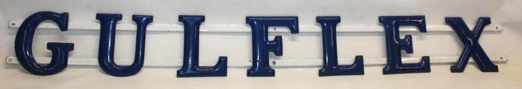 Gulflex Porcelain Embossed Channel Letter Gas Service Station Sign: These embossed porcelain letters are attatched to the original porcelain rails. They are in very nice condition with only some minor fading to the blue, and a few small chips and edge wear. This sign 